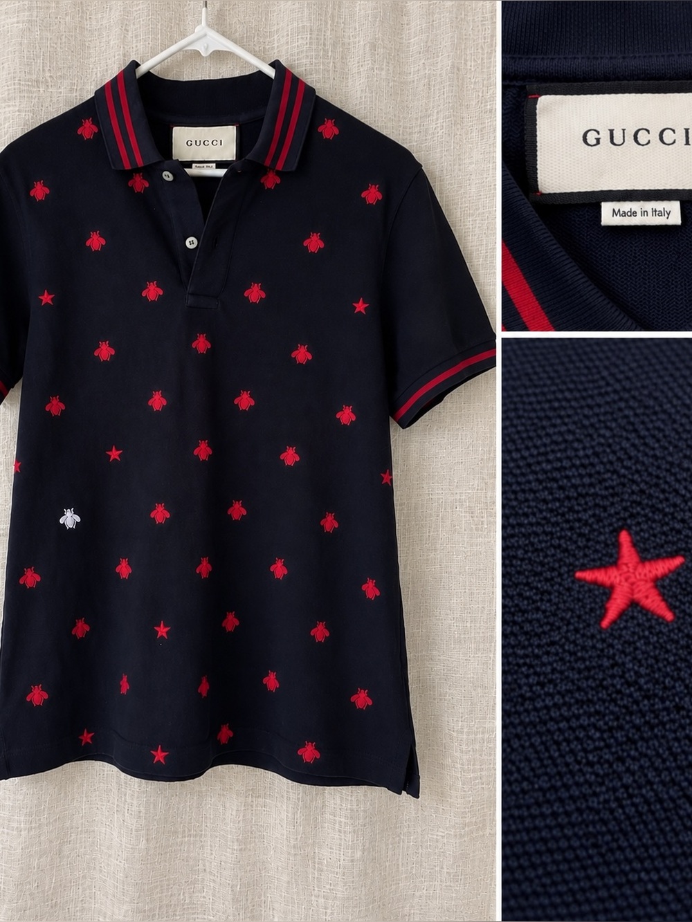 Gucci Men’s Polo Shirt Size Small Navy Red Bee Star Embroidered Made in Italy